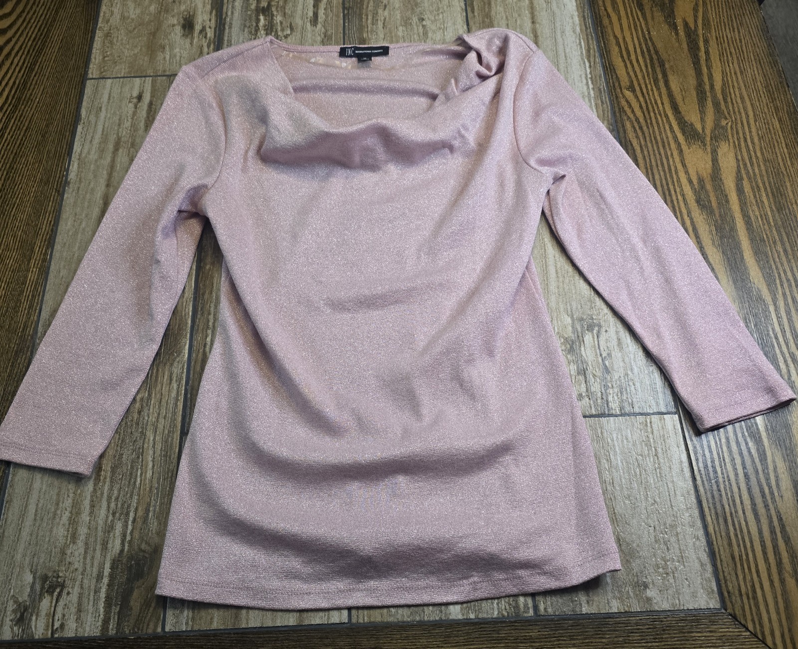 INC International Concepts Pink Shimmer Top Medium Metallic Knit Cowl Neck