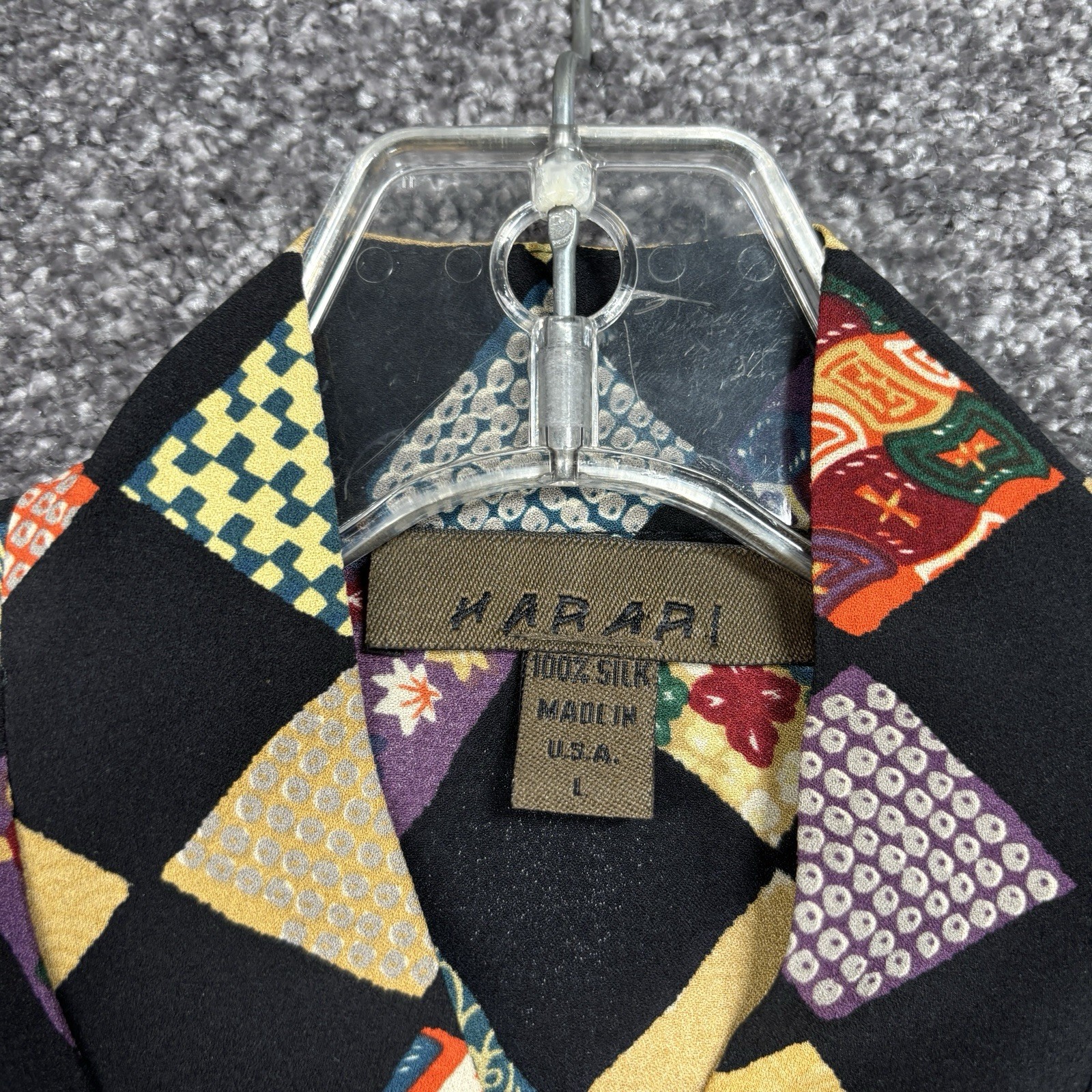 Harari Blouse Top & Pants Womens Large 100% Silk Asian Art To Wear Argyle READ