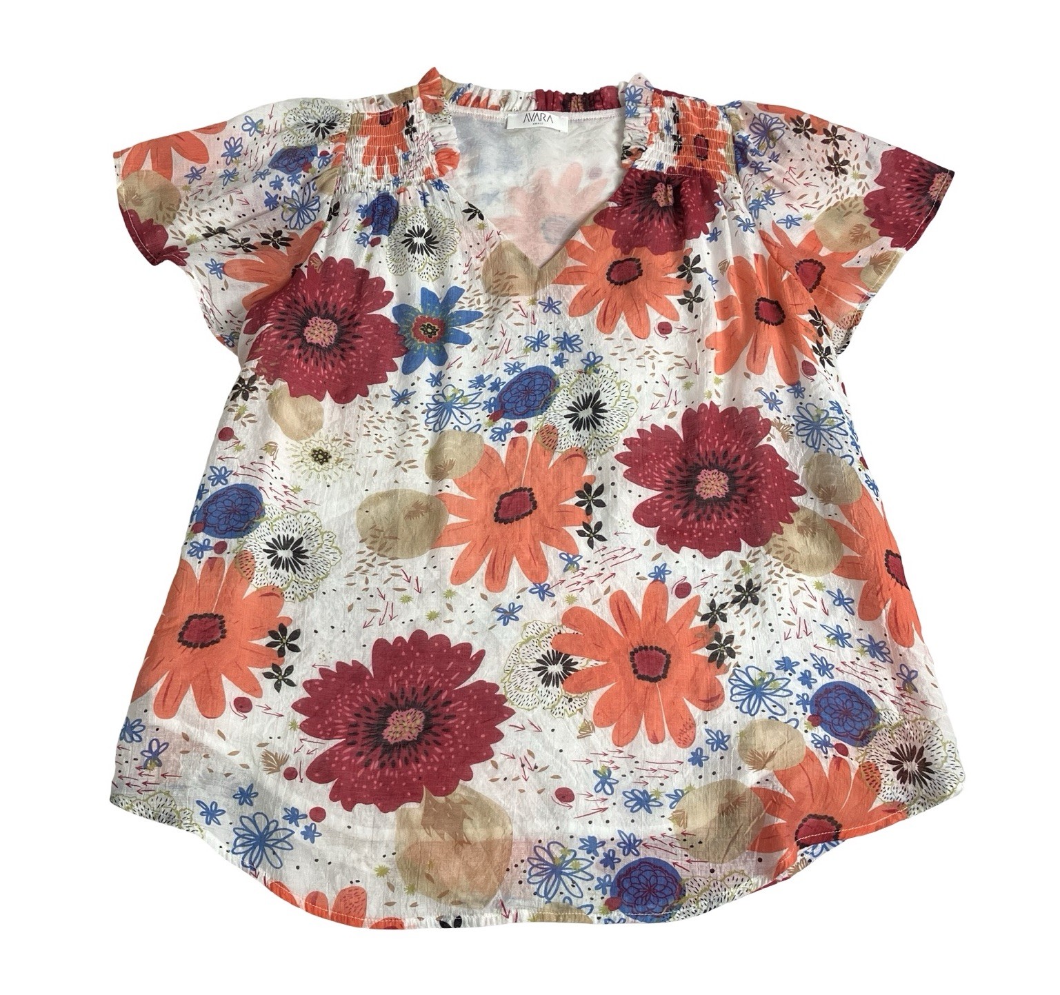 Avara Top Womens Small Floral All Over Print Split Neck Lined Ruffle Collar Boho