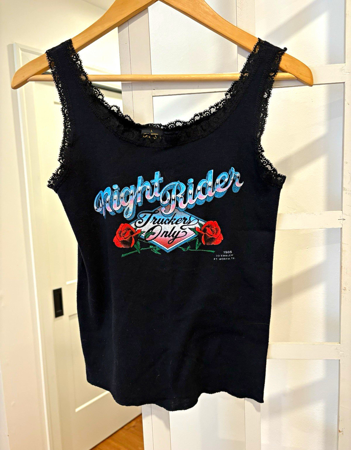 3D Emblem Women’s L Black Scoop Neck Lace Trim Tank Night Rider Graphic