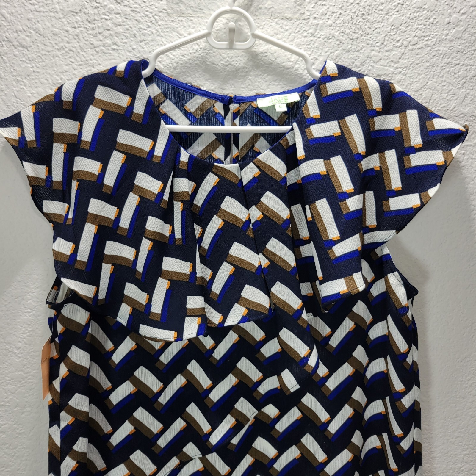 Jade Melody Tam Blue Beige Geometric Top Blouse with Flounce Casual Sz L NWT