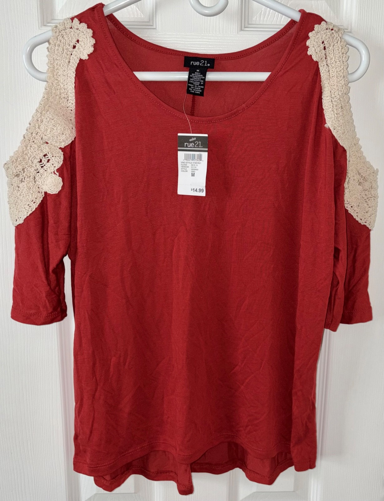 Rue 21 Dark Red Cold-Shoulder Top, Ivory Crochet Sleeves, Medium, New with Tags