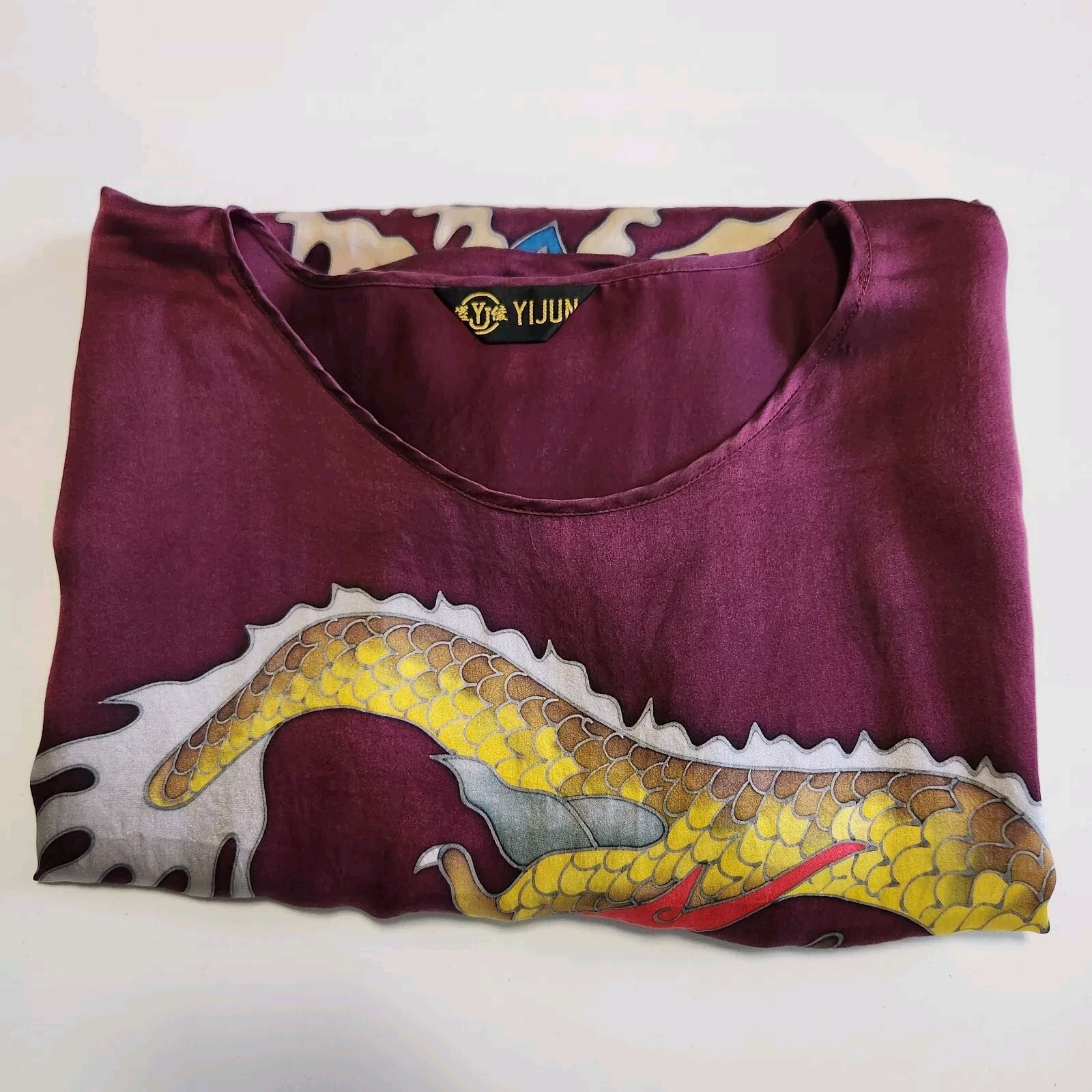 Vintage Yi Jum Silk Dragon Tunic Y2K Top Womens XL Sandwashed Year Of Dragon 🐲