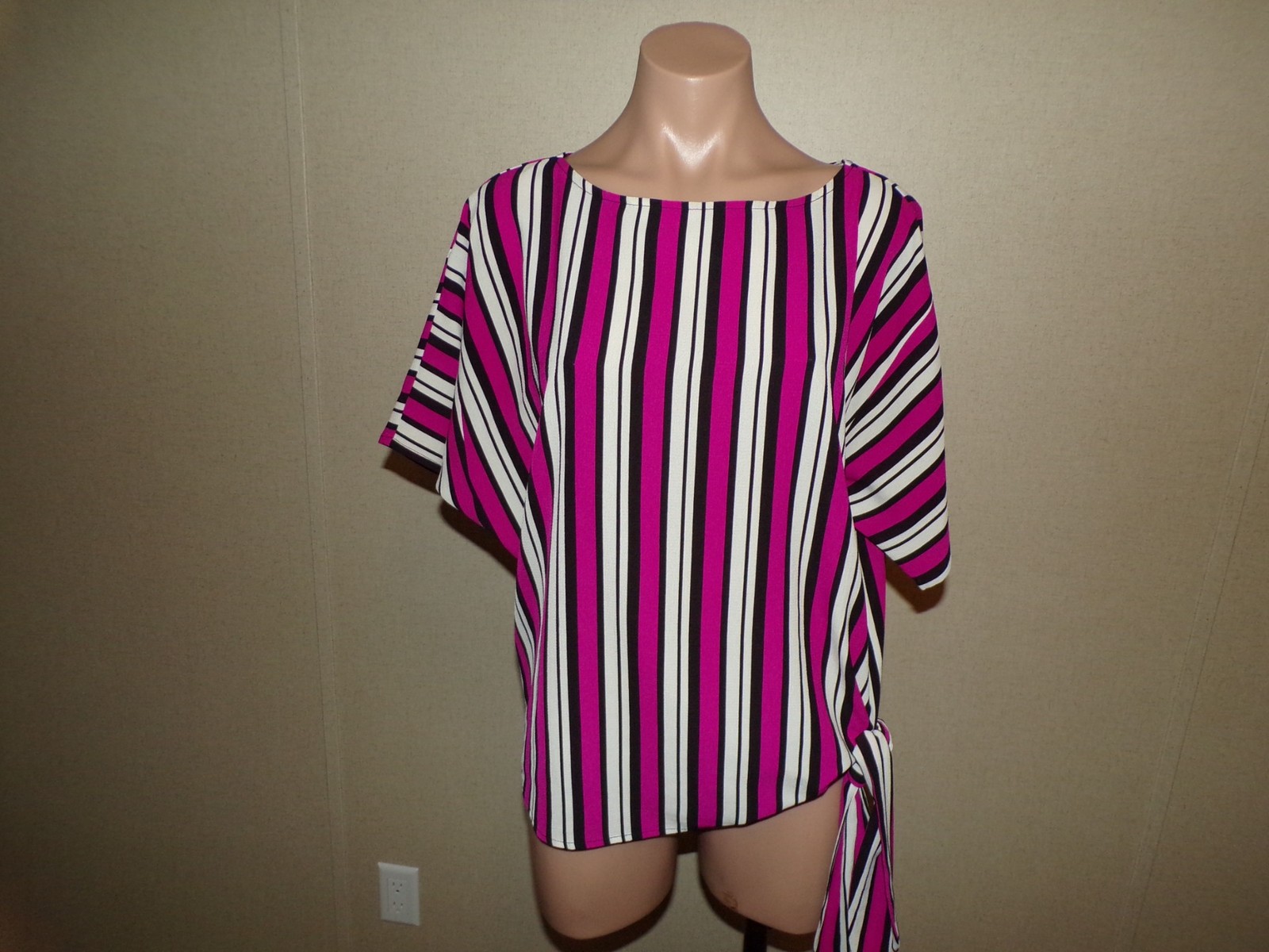 Michael Kors Purple Black White Striped Shirt Size XS Dolman Sleeve Ties On Side