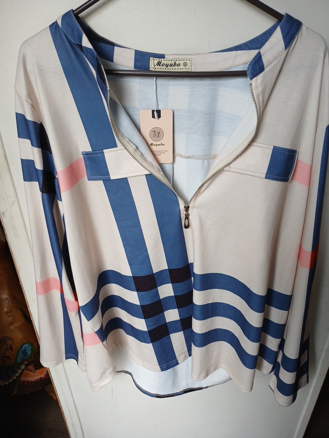 Moyabo Women’s Tunic Top 2XL Long Sleeve Plaid Striped Casual Stretch Blouse