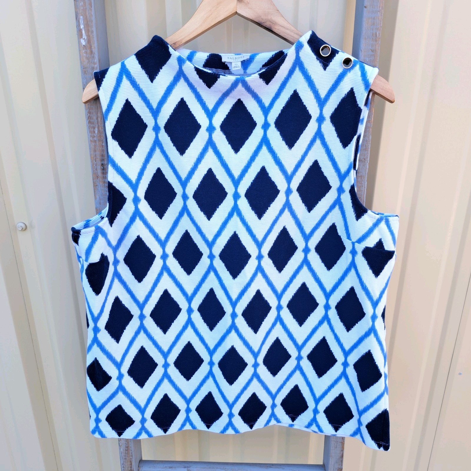 Talbots High Neck Button Shoulder Diamond Blue White Print XL Tank Top Shirt