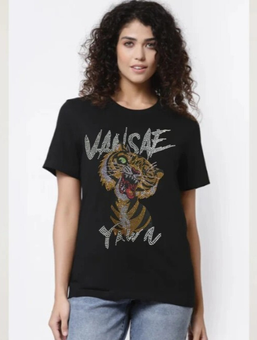 New Women Luxury Diamond Tiger Rhinestones Black White T-Shirt High Quality