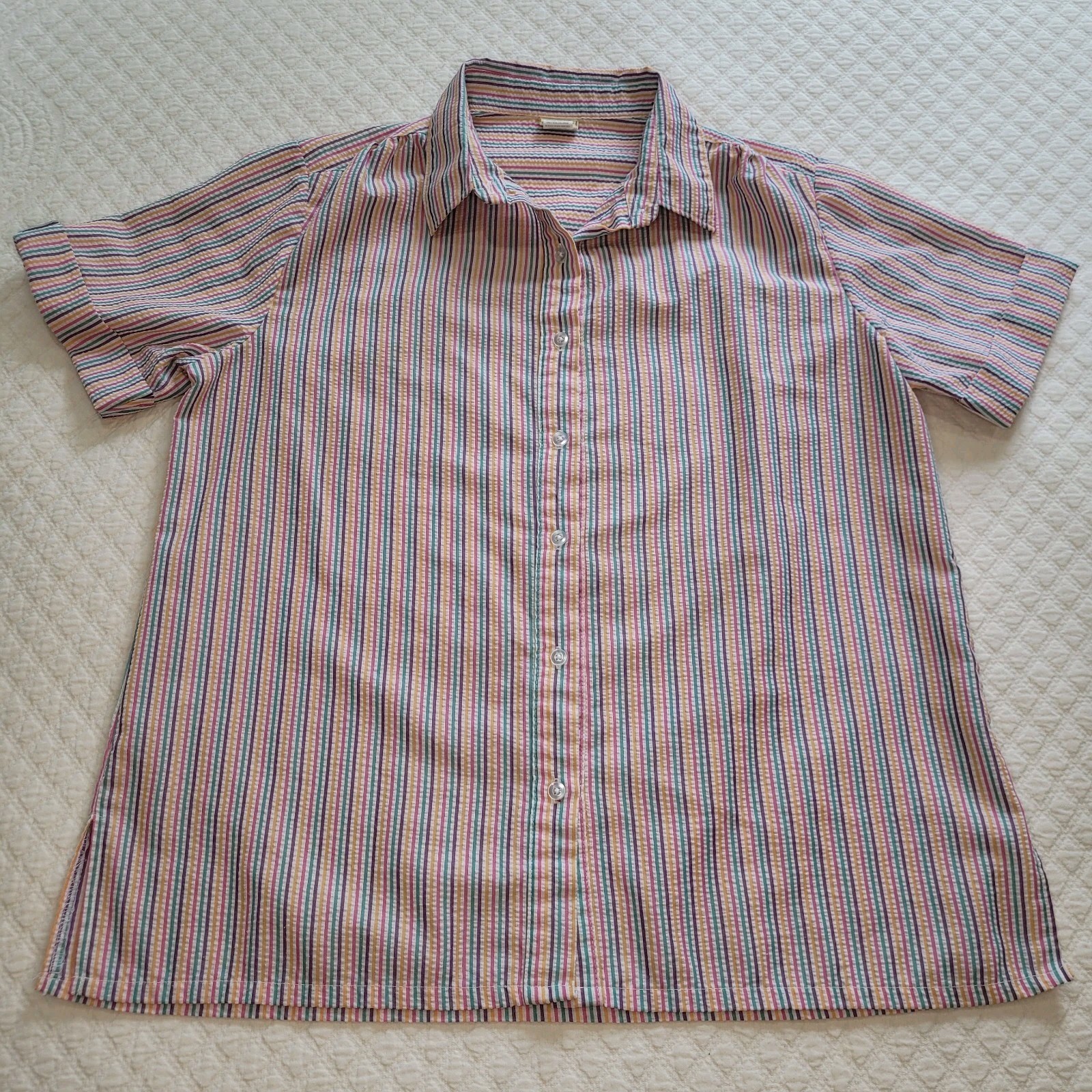 VTG Boca Bay Short Sleeve Button Up Women Large Rainbow Stripe Colorful Pride