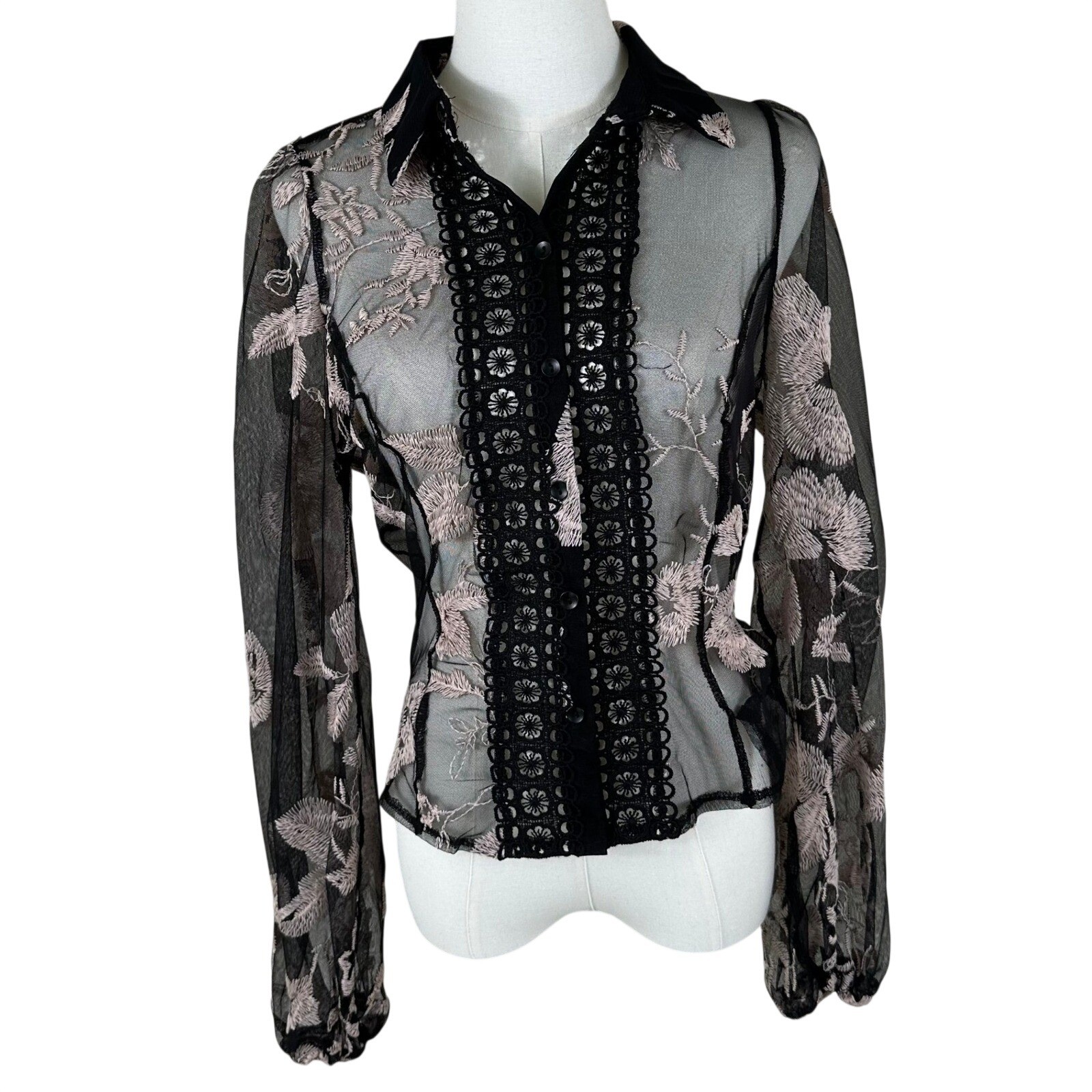 Peach Blouse Women S Transparent Mesh Pink Floral Embroidered Sheer Back Balloon