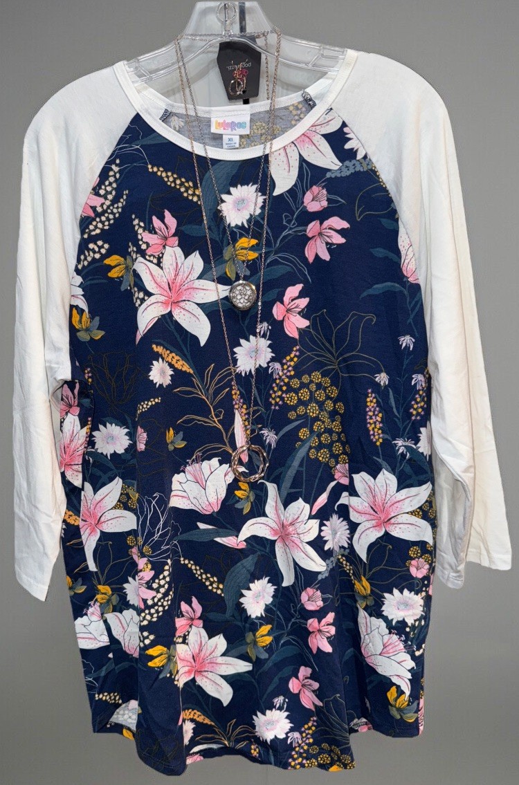 NEW 2.0 LuLaRoe XL Navy Blue White Pink Tropical Floral Randy Baseball Tee
