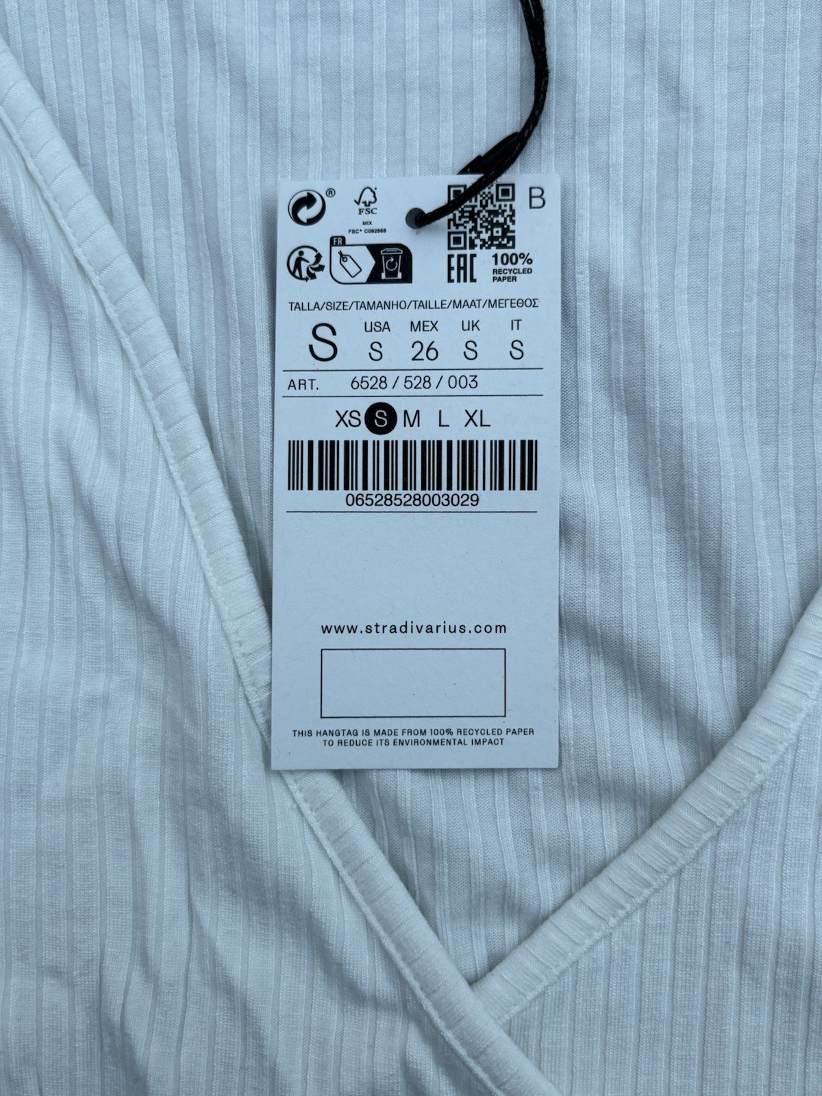 Stradivarius Women’s White Long Sleeve Ribbed Wrap Crop Top. Size Small