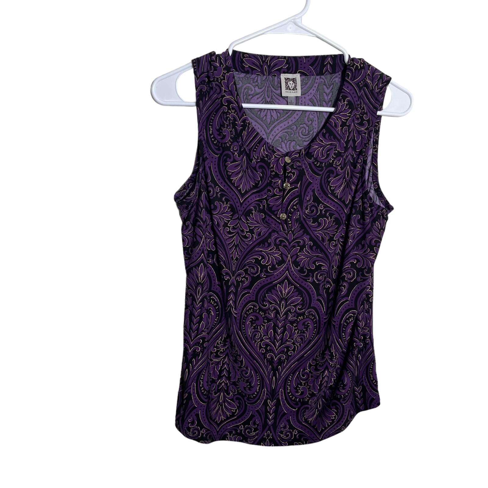 Anne Klein Blouse Women’s Small Purple Black Metallic Round Neck Button Shirt