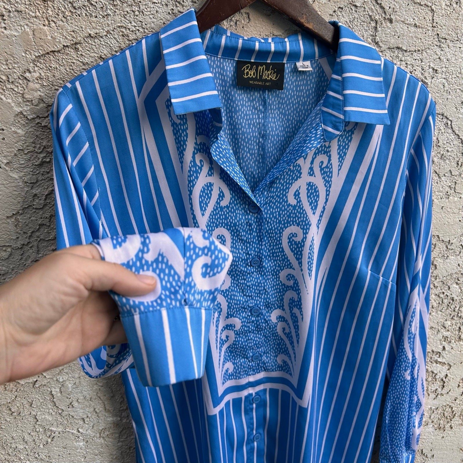 Vintage Bob Mackie Wearable Art Blue Striped Scroll Print Button Front Blouse L