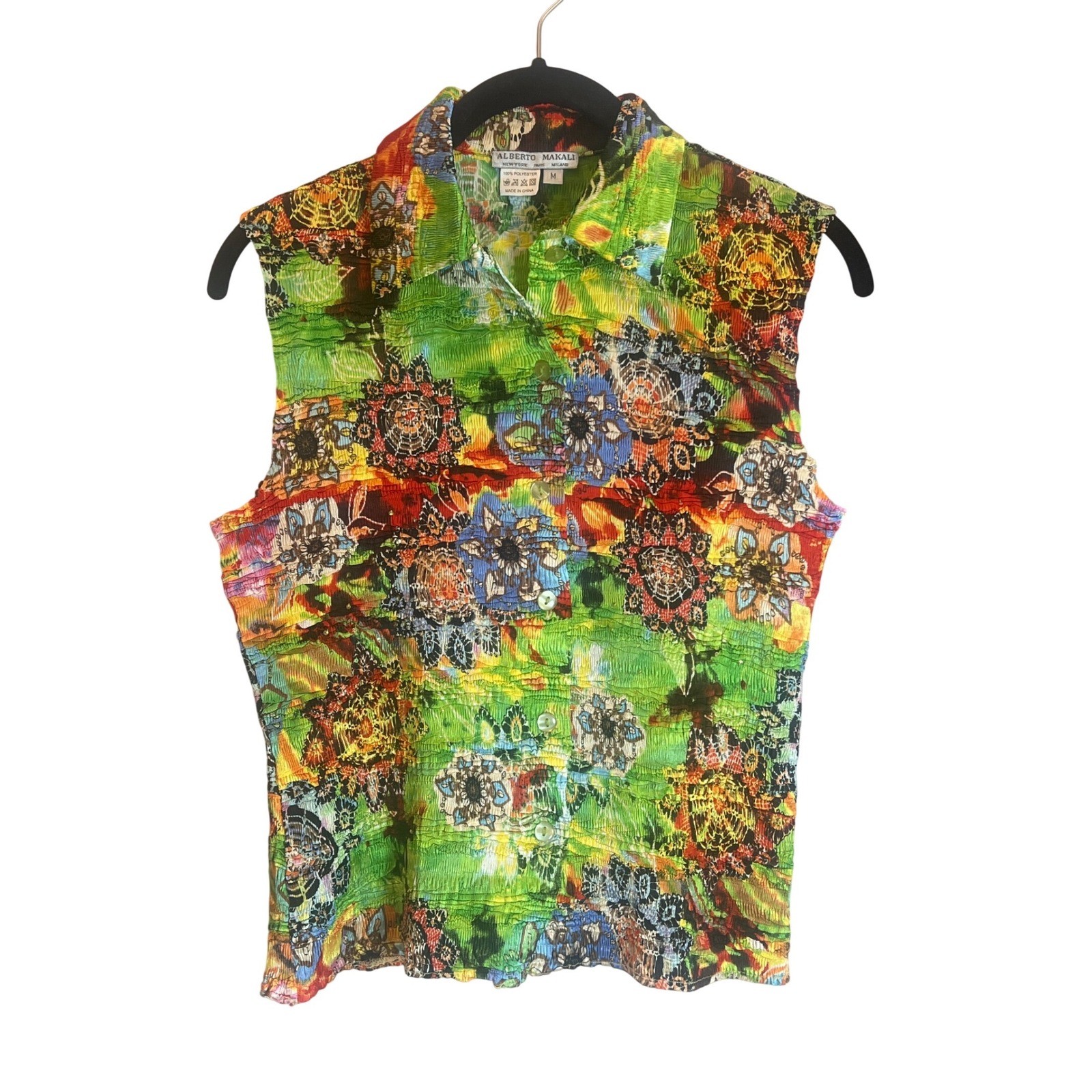 Alberto Makali Womens Medium Multi Color Floral Crinkle Pleated Sleeveless Top
