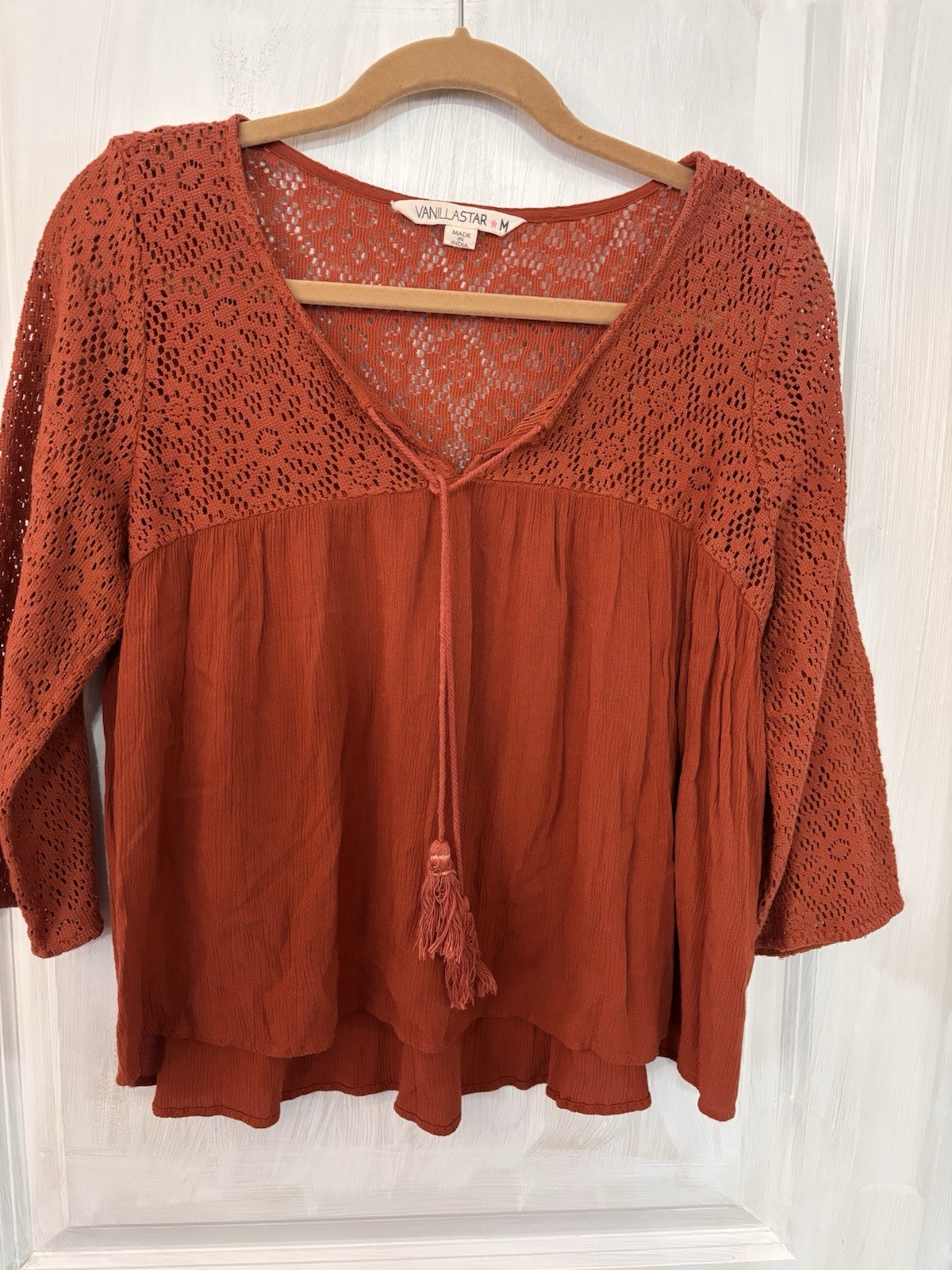 Vanilla Star Medium Boho Blouse Rust Gauze Crochet Lace Openwork Sleeve Tassel
