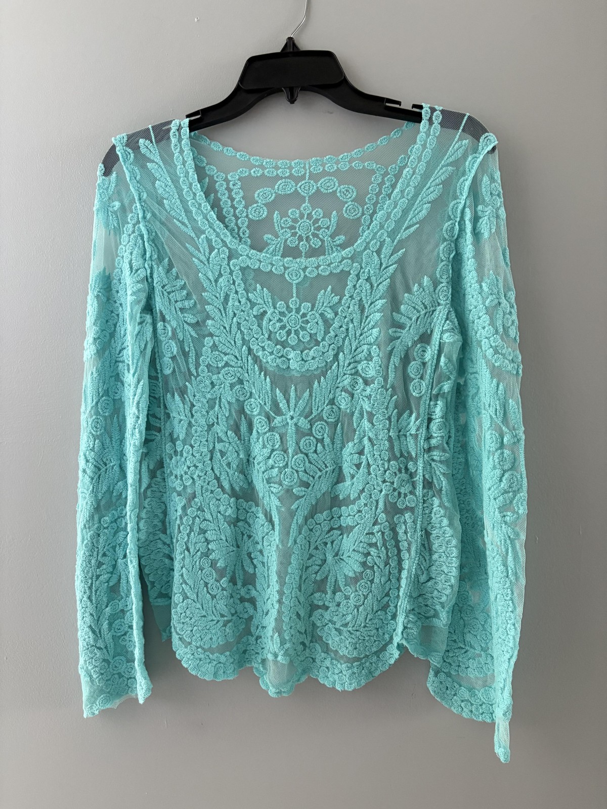 Blue Sheer Embroidered Lace Top Womens Medium Floral Boho Festival Layer Beach