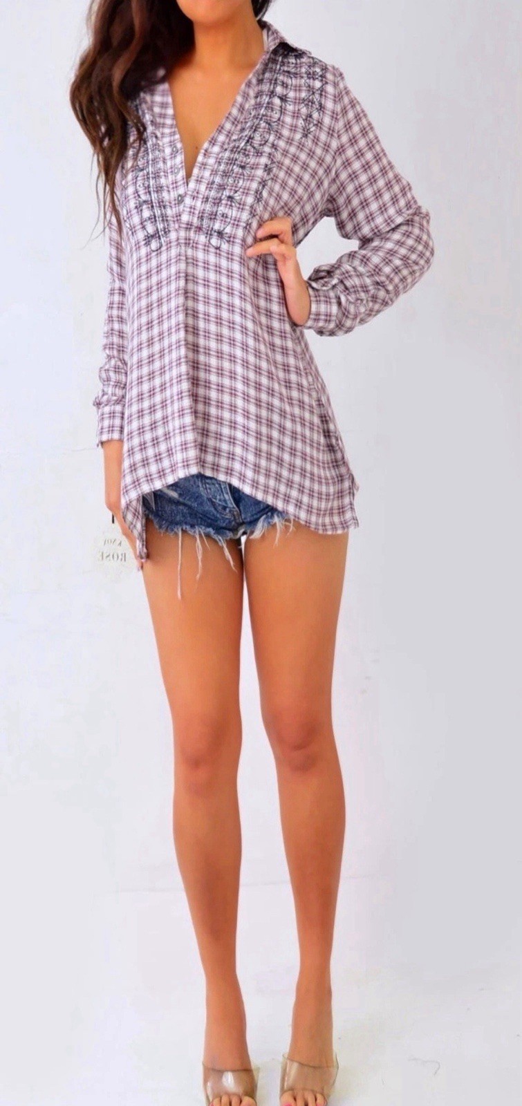 Knox Rose Burgundy Red Gray Silver Metallic Plaid Shirt Top XS Extra Small NWT