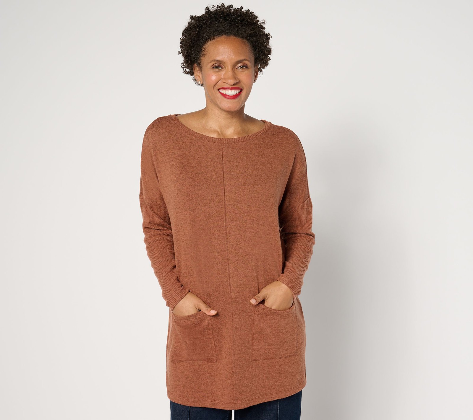 Denim & Co. Regular Heavenly Jersey Relaxed Fit Boatneck Tunic Top Caramel Brown