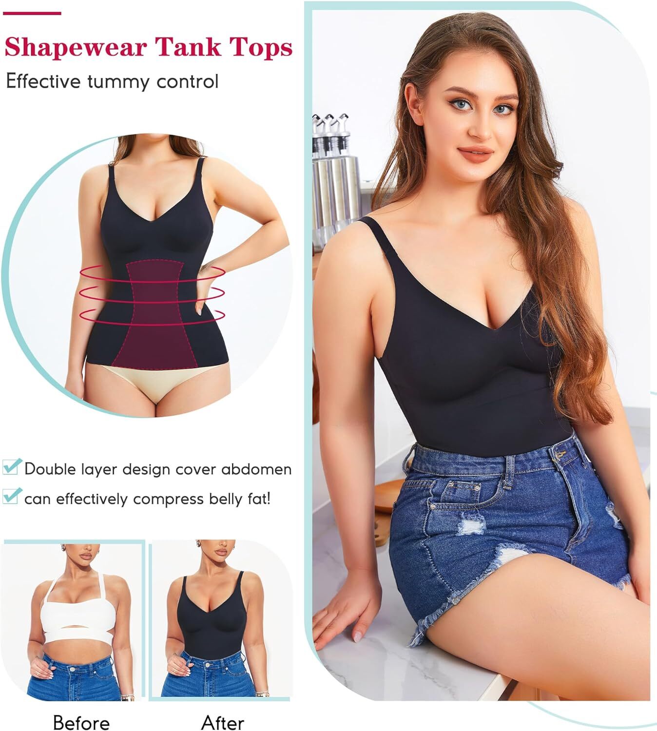 Women Tummy Control Shapewear Seamless Body Shaper Workout V-Neck Camisole Tops