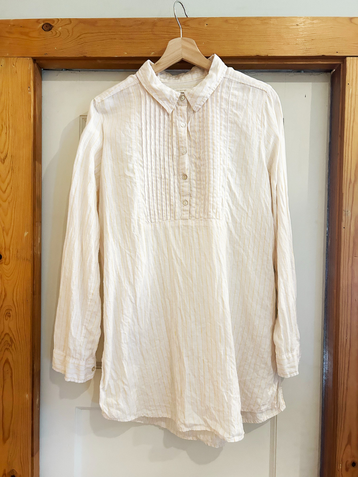 Cynthia Rowley L Tunic Top 100% Linen Pleat Button Shirt Off White Yellow Stripe