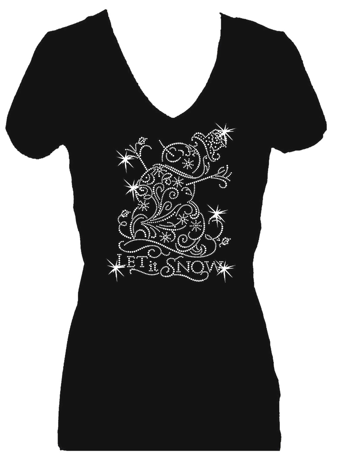 SNOWMAN CHRISTMAS RHINESTONE HOLIDAY V NECK SHORT SLEEVE BLING TEE SHIRT