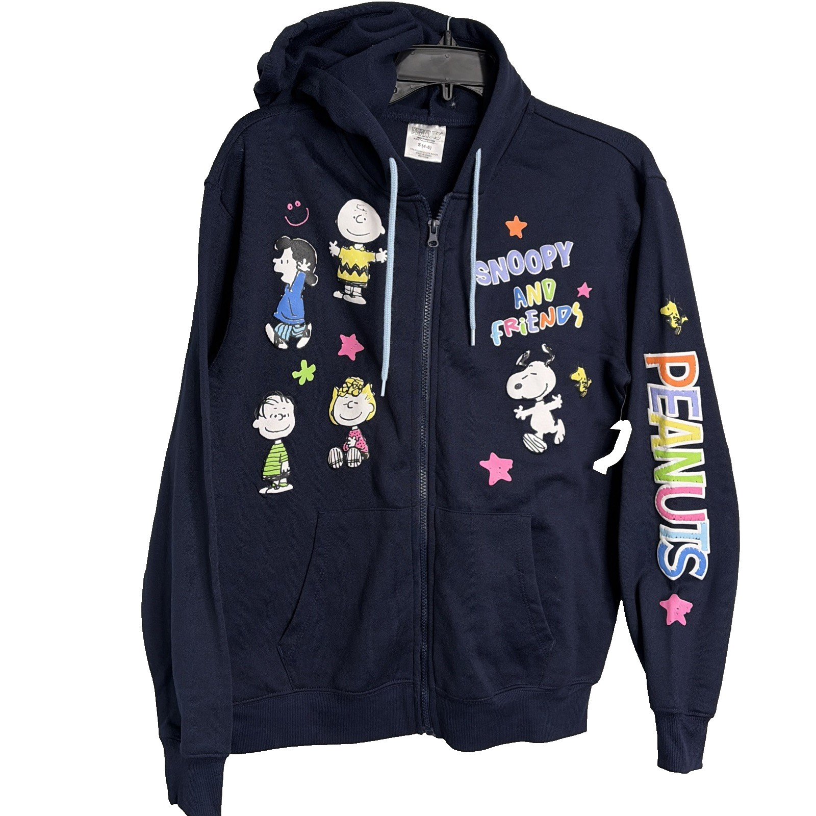 Peanuts Snoopy and Friends Zip Up Hoodie Womens S Navy Blue Puffy Graphics NEW