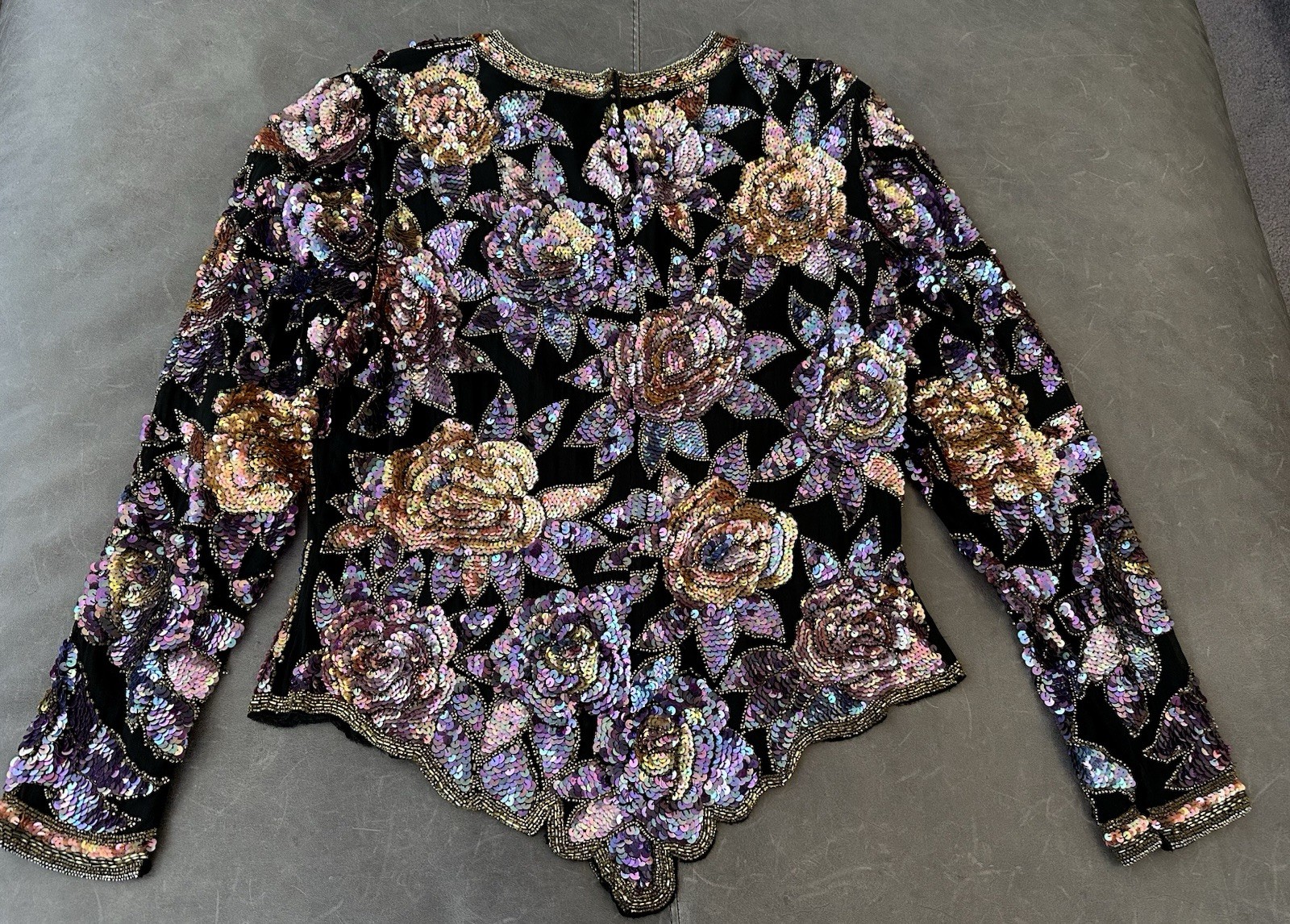 EUC Vintage Oleg Cassini Black Tie Sequin Long Sleeve Scalloped Hem Silk Top L
