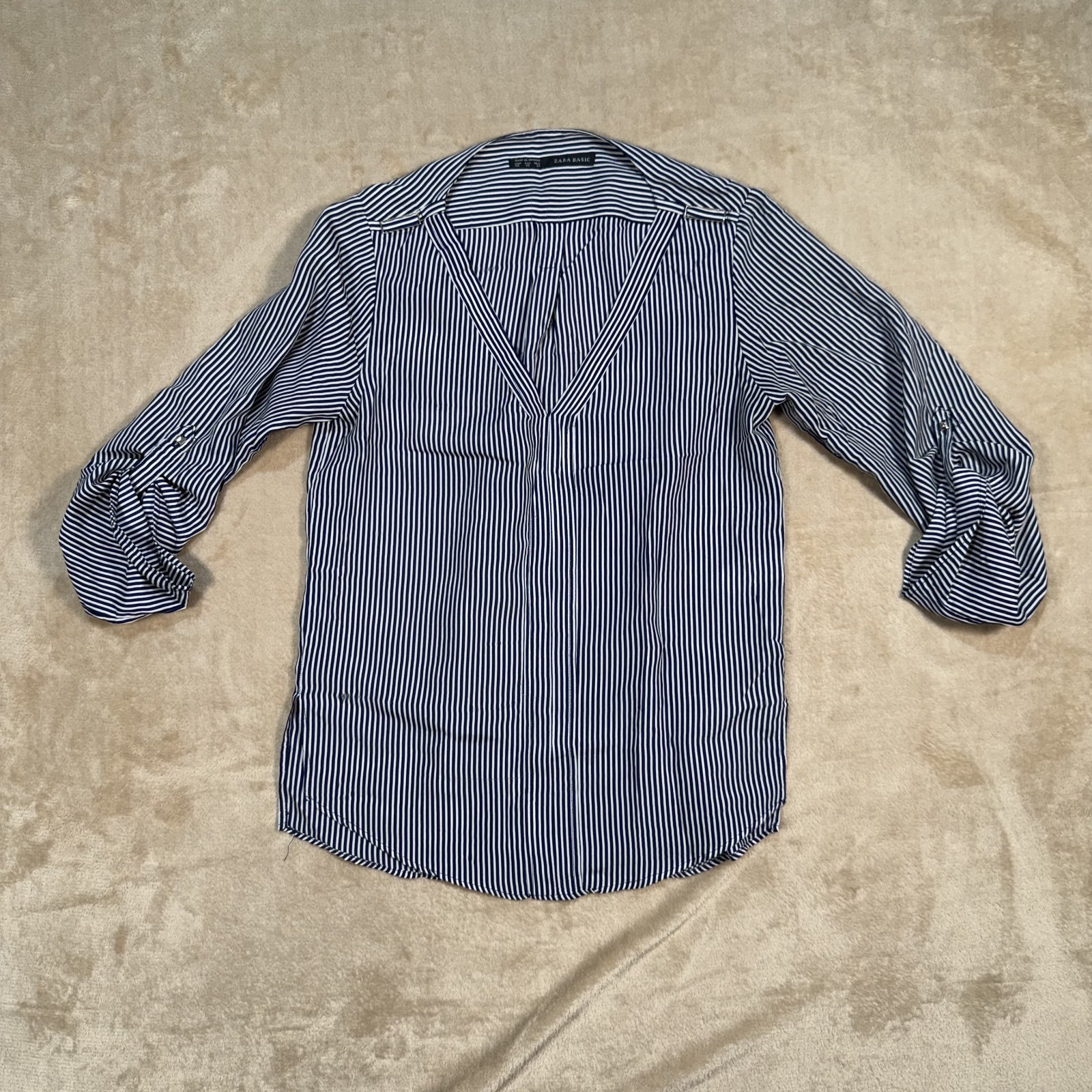 ZARA Striped Navy Blue and White V-Neck Blouse Size XS