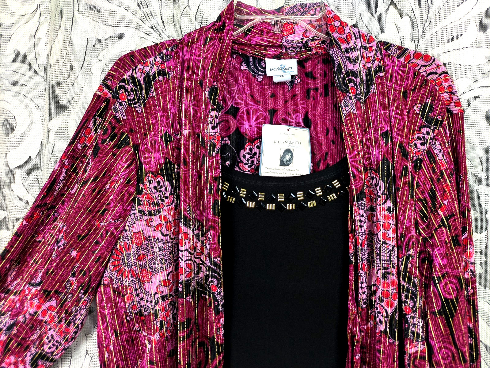 2X JACLYN SMITH 2-FER STUD KNIT TANK TOP, SHIMMERY ORIENTAL ACCORDIAN CARDIGAN