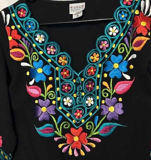 Solei Top S Black Mexican Embroidered Peasant Blouse Boho Hippie Festival Shirt