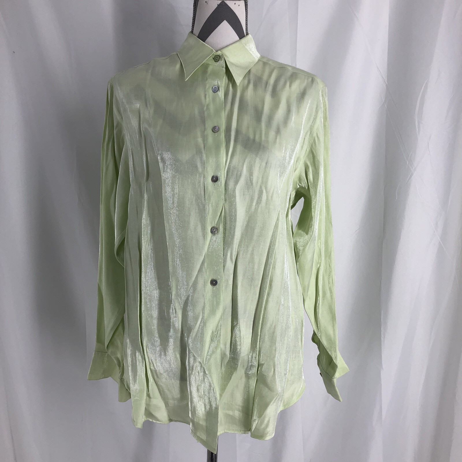 Silk Club Collection Shirt Top Green Shimmer Poly Rayon Collar Button Medium