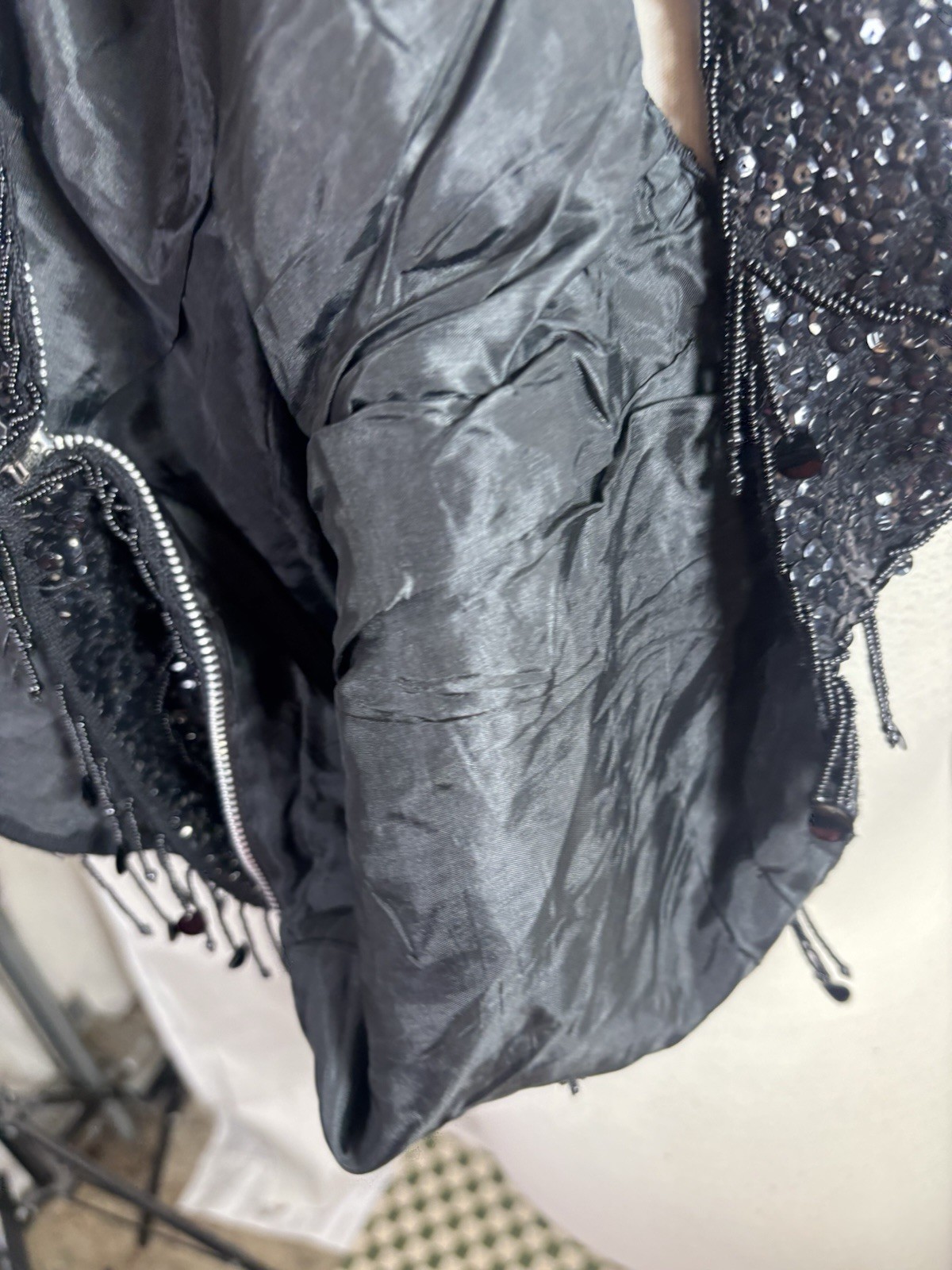 Vintage 60s Flapper Black Shiny Beaded Blouse Top Fringe Sequins Silk M Glam