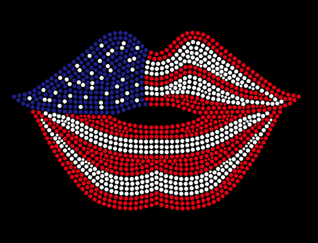 LIPS FLAG RHINESTONE JULY 4TH VETERANS DAY MEMORIAL VNECK LONG SLEEVE TEE SHIRT