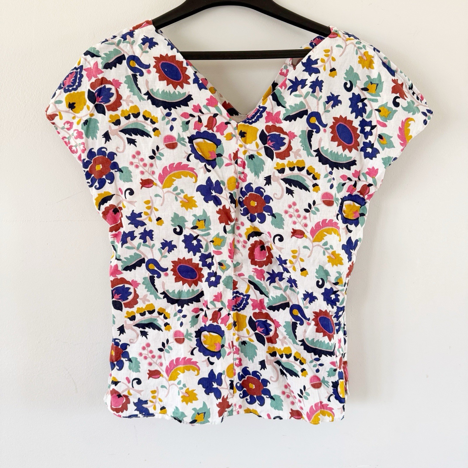 Women 100% Linen Bright Floral Cap Sleeve Top Coastal Beach Vacation Summer