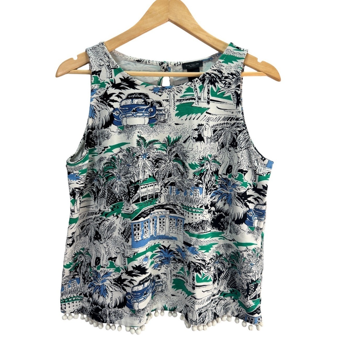 Ann Taylor Tank Top Womens M Tropical Print Coastal Pom Pom Hem Keywhole Back