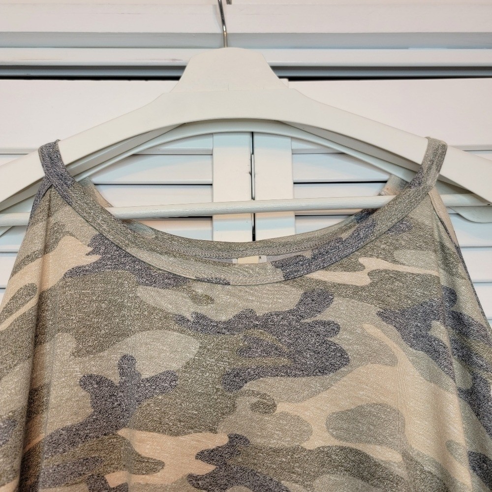 CREPAS Camo Cold Shoulder Tunic Top Women XL Army Green Gray Longline Casual Y2K