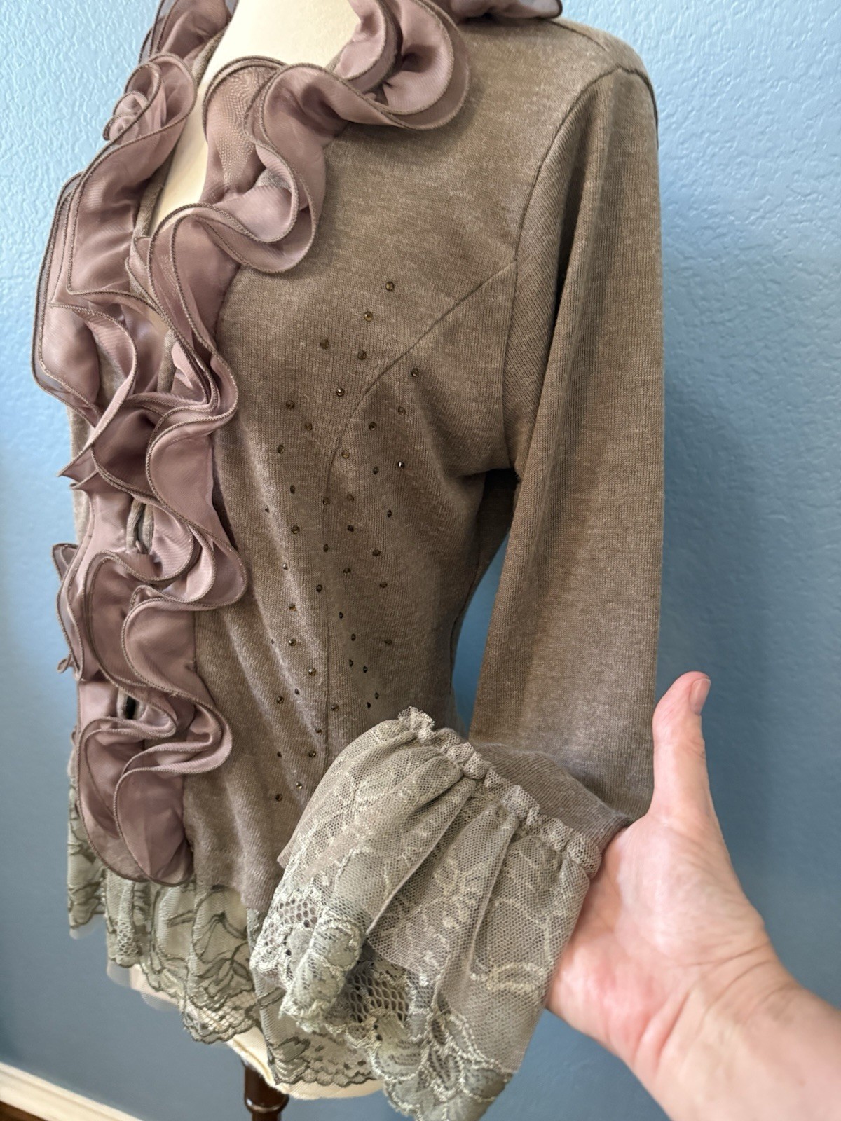 Pretty Angel Large Taupe Coquette Lace Ruffle Rhinestone Button Blouse Top