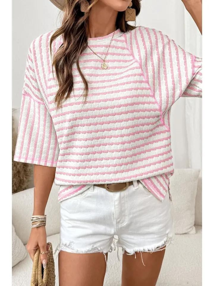 Womens Striped textured knit half sleeve top – Soft Pink