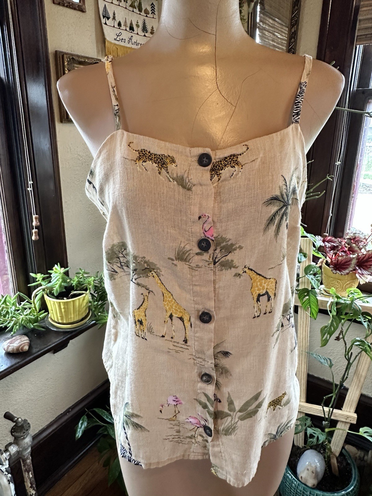 Old Navy Tan w/ Color Safari Animals Spaghetti Strap Linen Mix Camisole Top Sz M