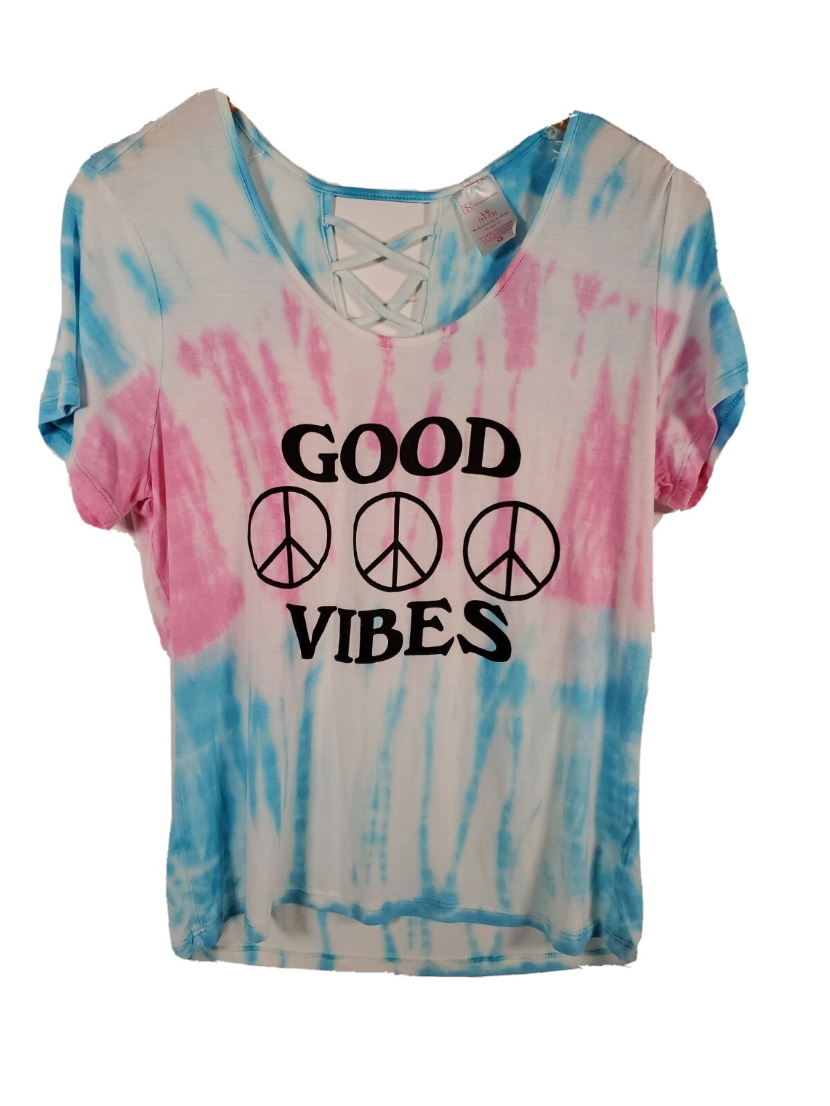 Good Vibes Shirt LARGE (11-13) Women’s Peace Tie Dye Juniors Top w/Lace Up Back