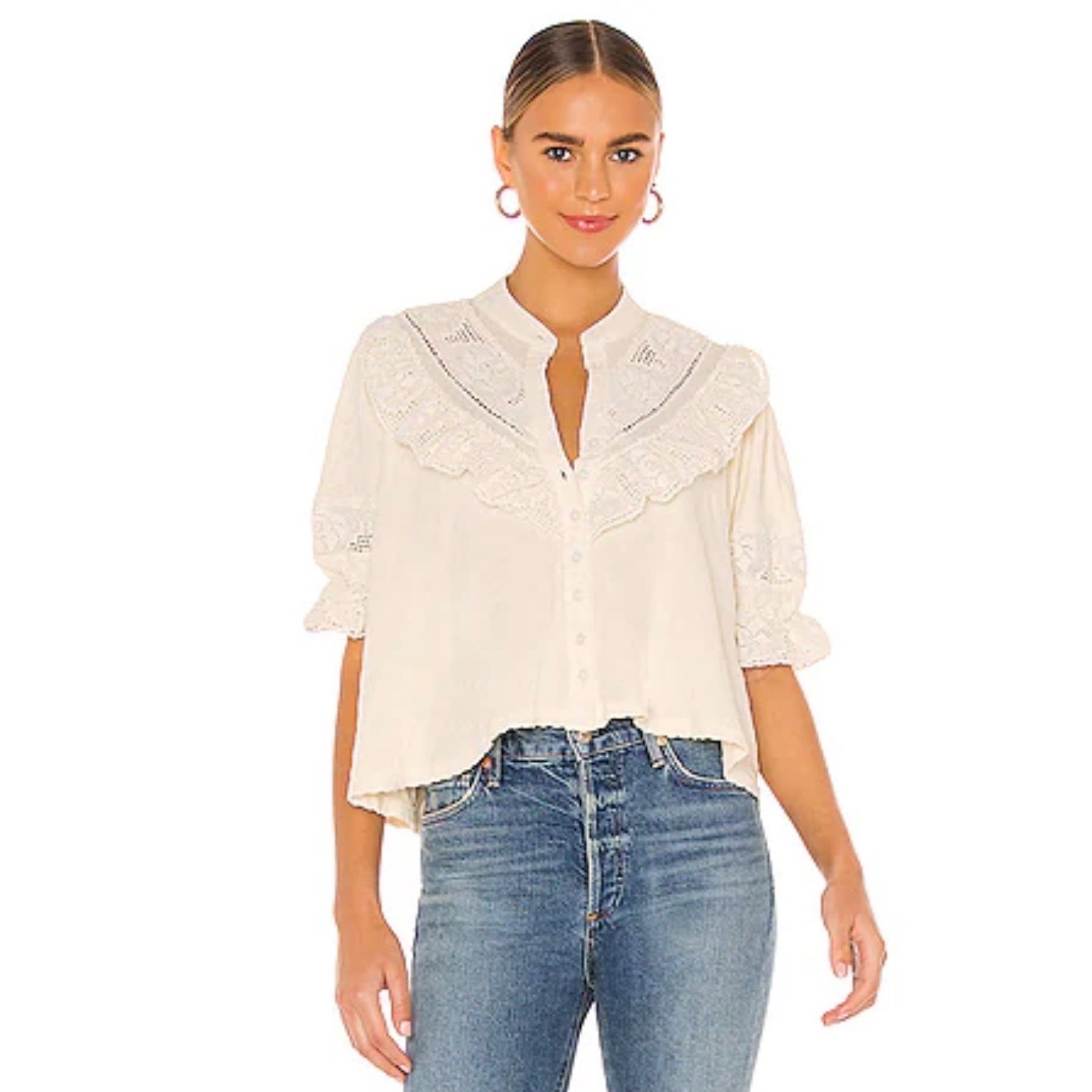 Free People Ivory Crochet Lace Ruffle Button Front Boho Blouse Top Small