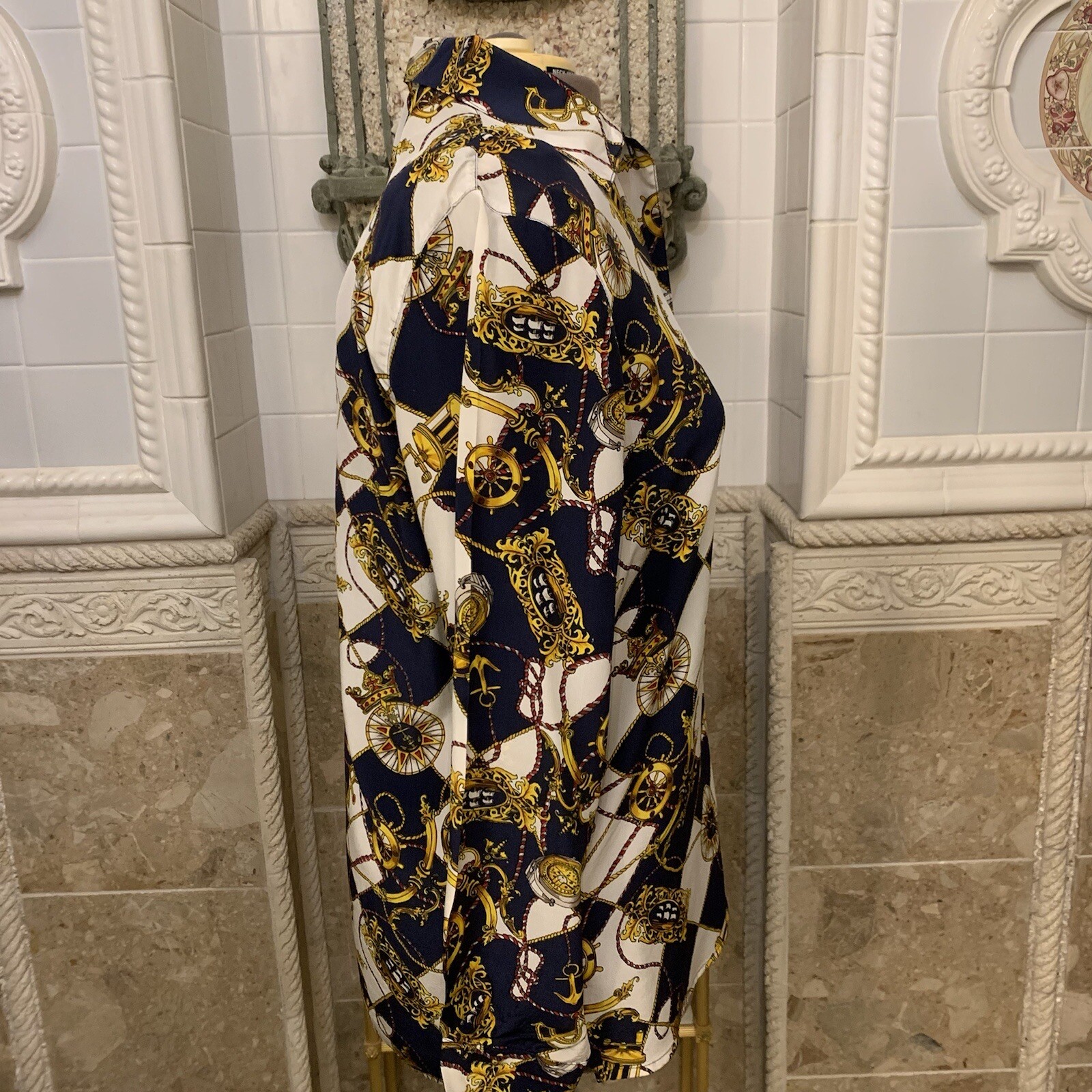Vintage Quo Silk Nautical Shirt. Covered Buttons. Size M-XL. Dry Cleaned. WTC.