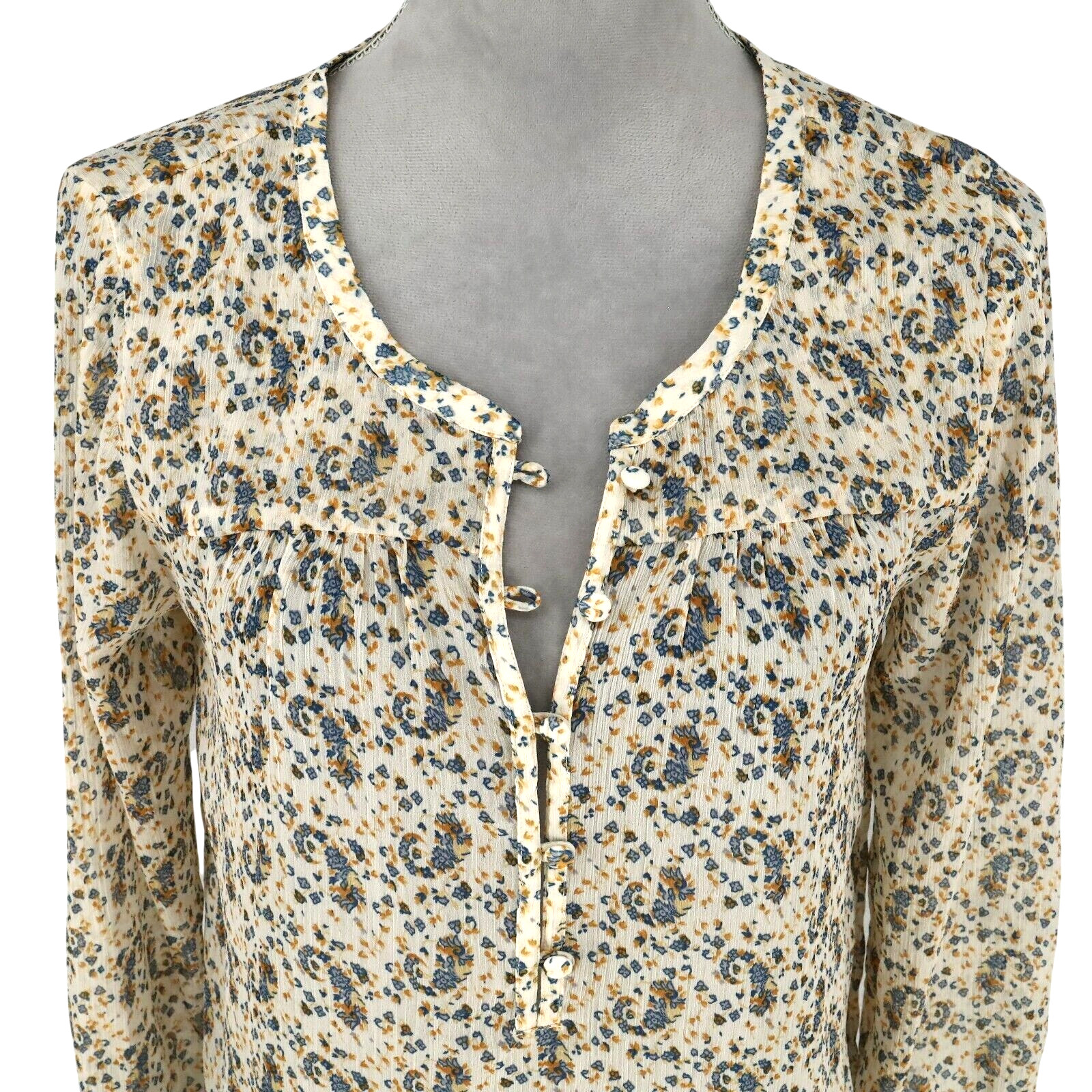 Lucky Brand Top Womens Medium Beige Blue Floral Sheer Chiffon Blouse Whimsy