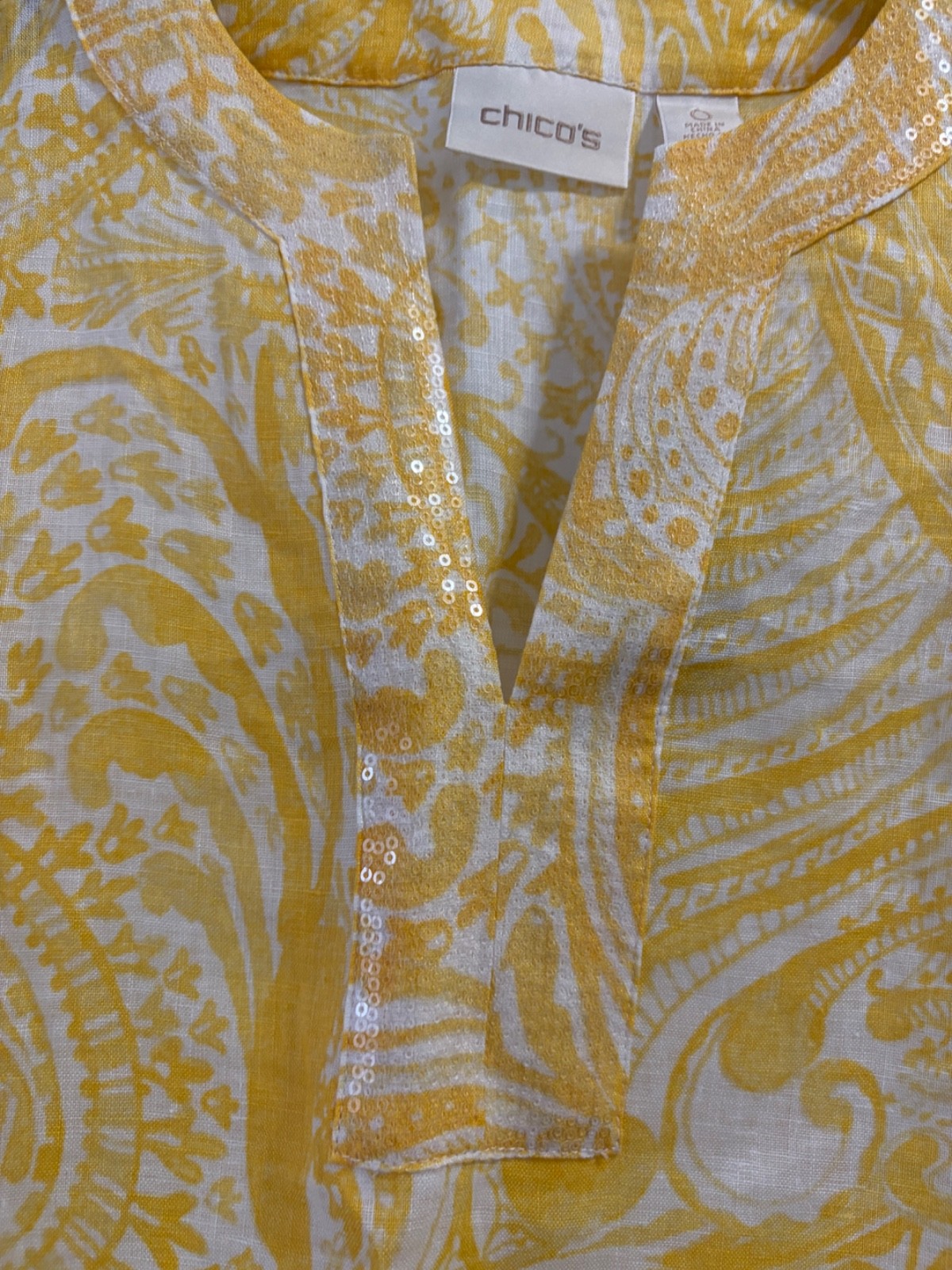 NWT Chico’s Size 0 (US 4) Women’s 100% Linen Paisley Boho Sequin Yellow Top $109