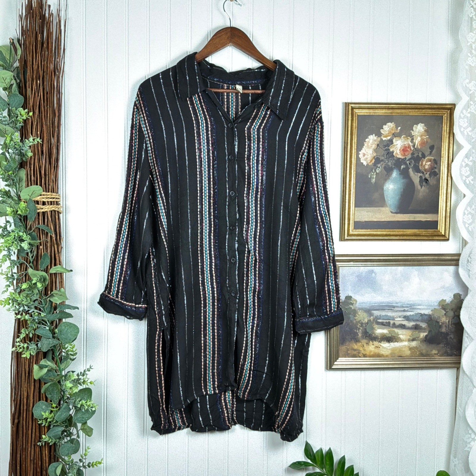 Elan Button Down Shirt Oversized Small Black Excellent Metallic Stripe Tunic