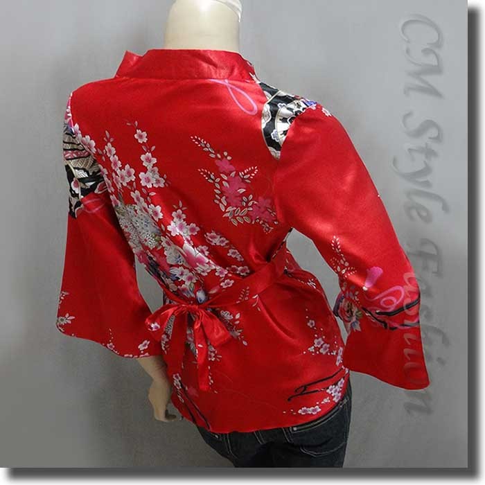 Japanese Kimono Silky Satin Blouse Top Red S/M/L/XL/2XL/3XL
