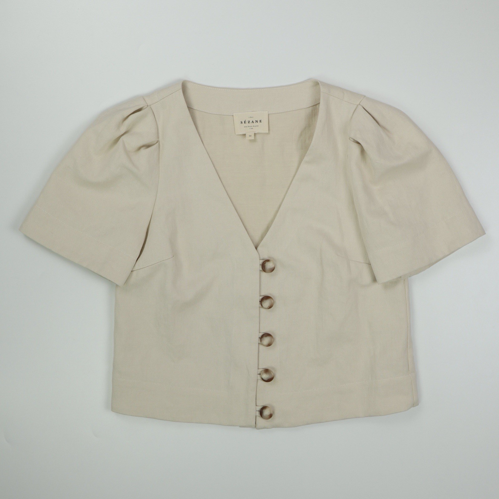 Sézane Ivory Linen Cotton Blouse – Puff Sleeve Button Top – Size 34 (US S/XS)