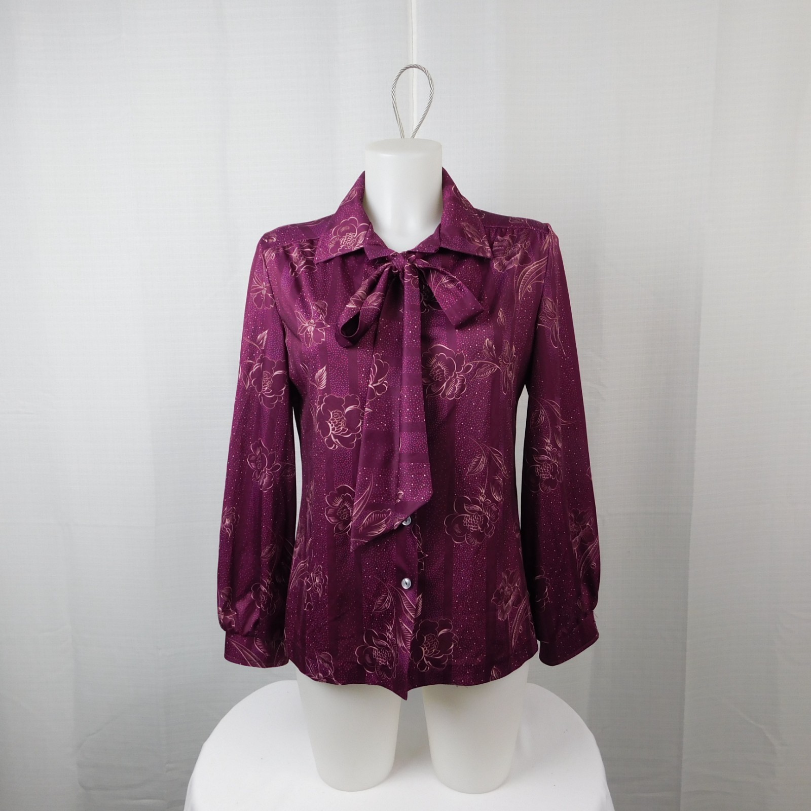 Vintage Mar-Lek Bishop Sleeve Button-Up Bow Tie Neck Top 12 Mulberry Floral 9297