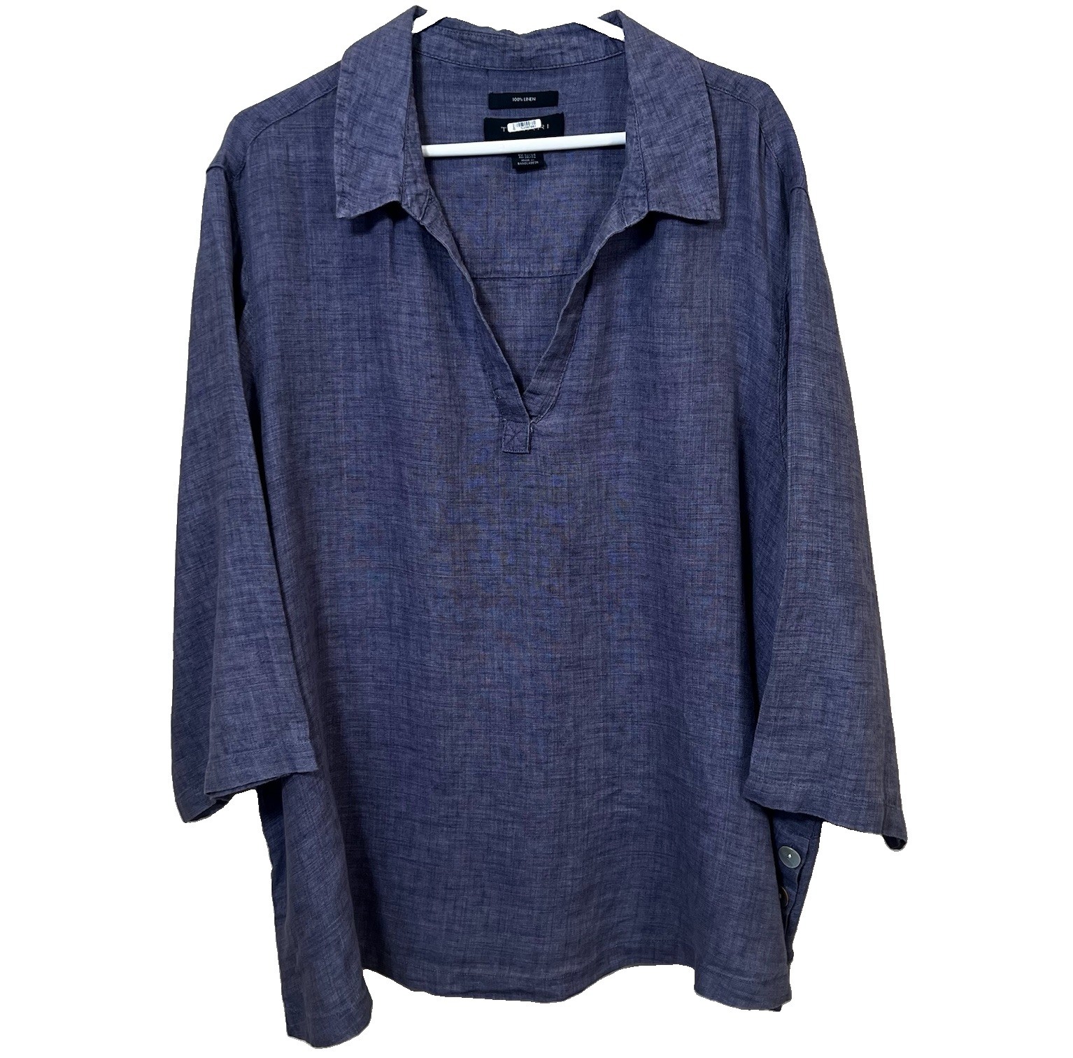 Tahari Womens 100% Linen Tunic Top 3X Blue Split Neck Popover Button Side Detail