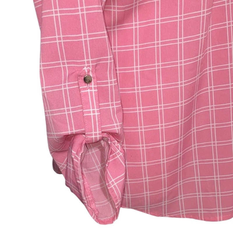 NY Collection Pink 3/4 Long Sleeve Plaid Button Front Top Size Large